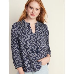 Old Navy | Navy Floral Boho Tassel-Tie Top | Large